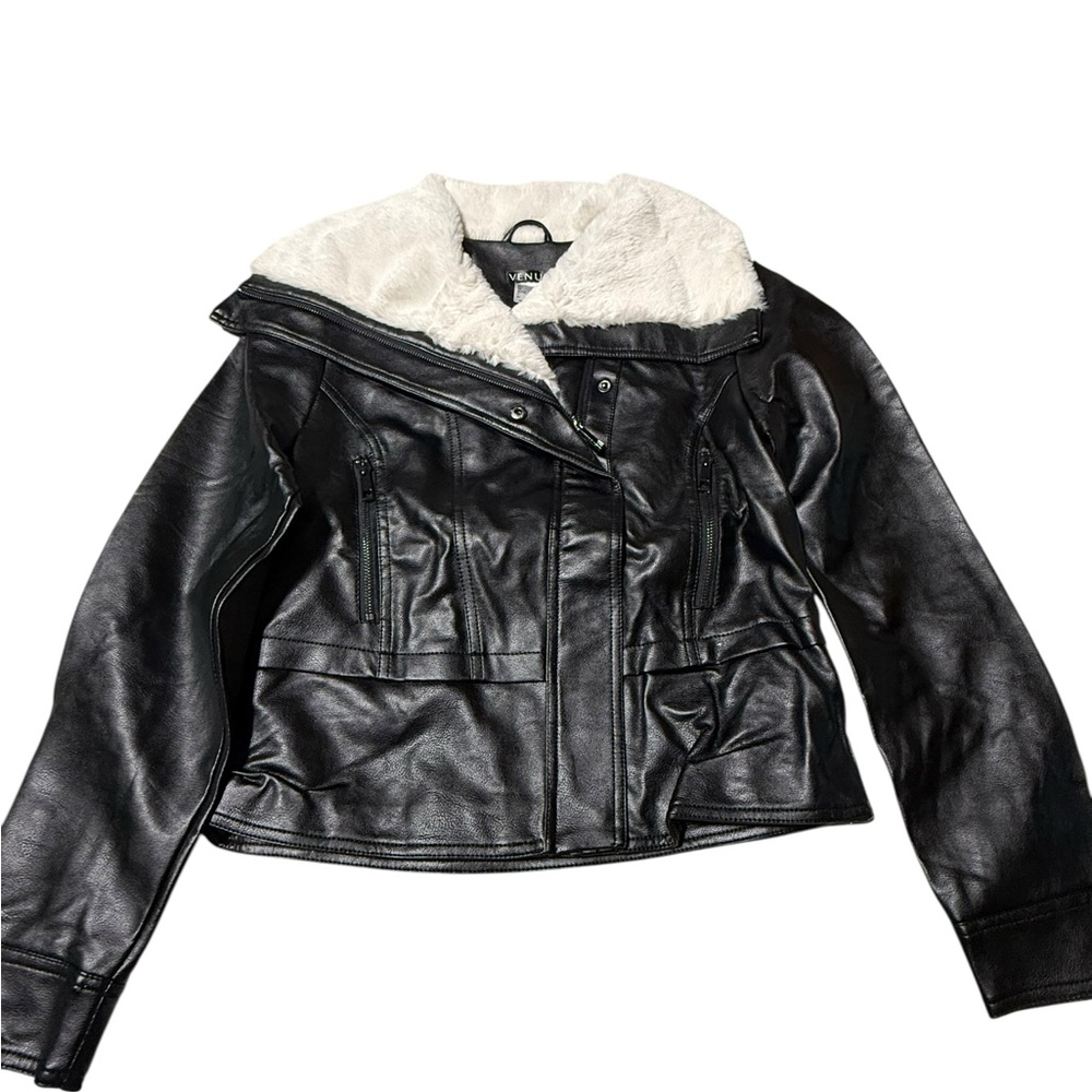 VENUS Black Leather Jacket with White Fur Collar